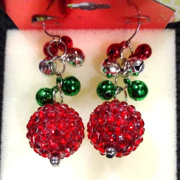 Festive Tiny Bells W/Big Red Ball Earrings- TurnUP Volume- Hear The Sweet Jingle - Picture 1 of 5